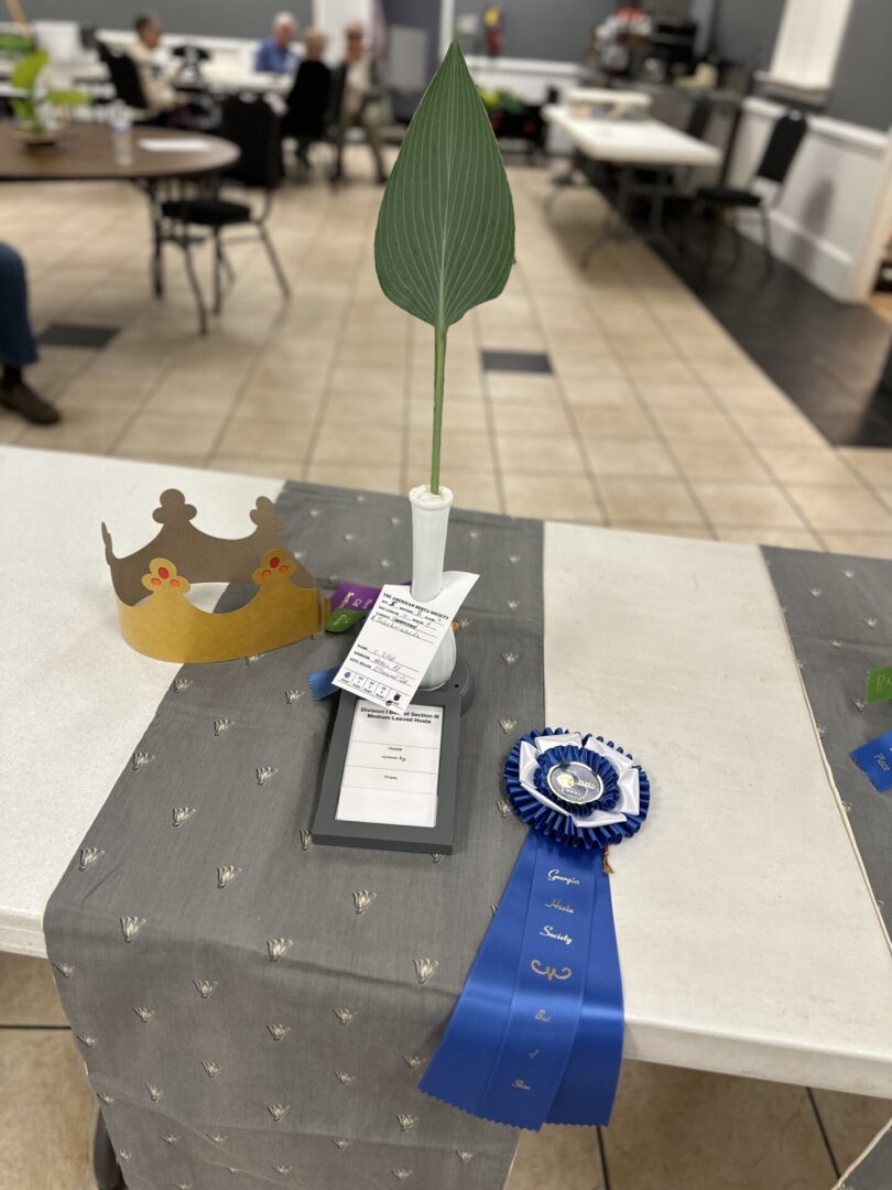 A table with a trophy and ribbon on it